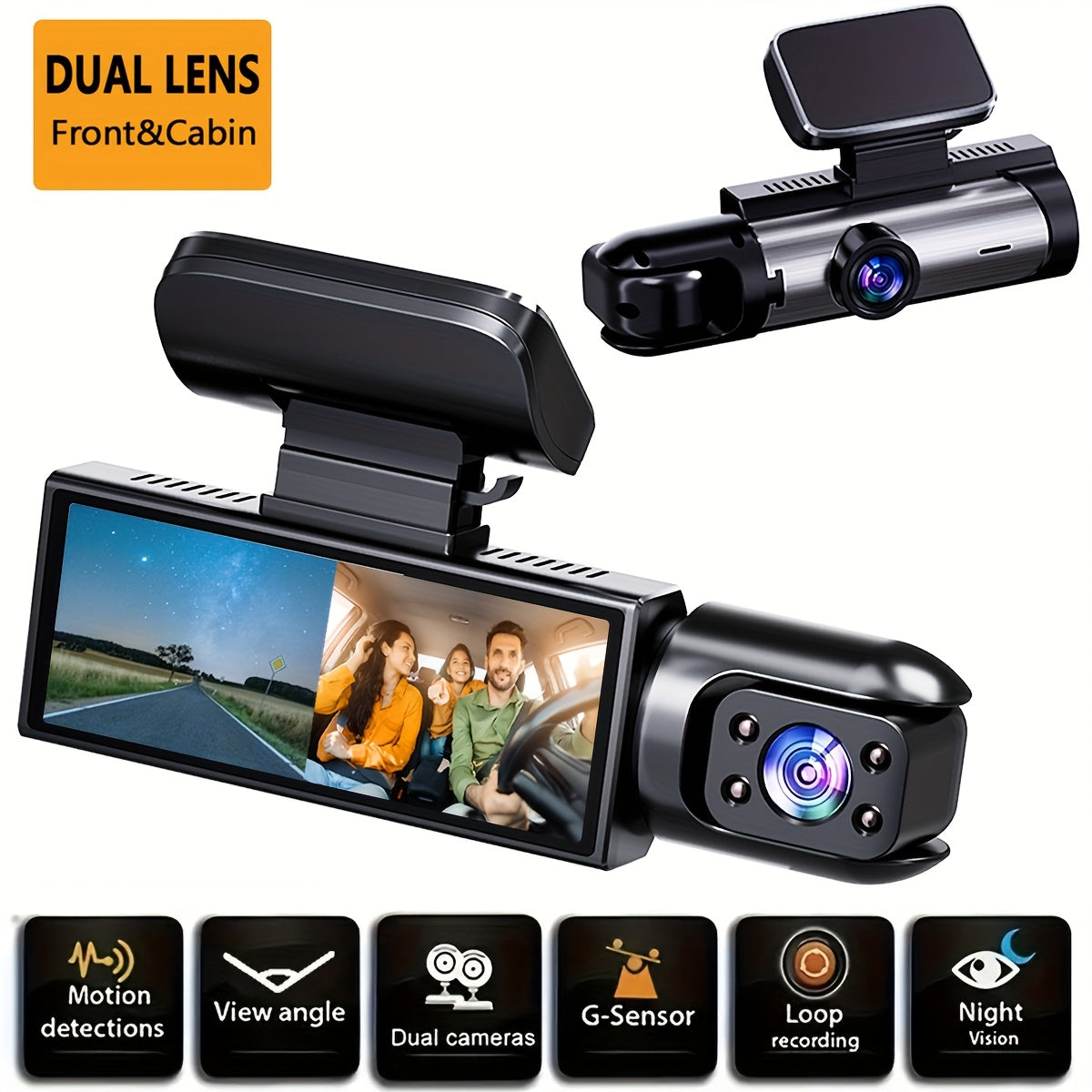 Front and Inside Dash Camera, 3.16-inch Dash Cam 1080P, G-Sensor HD Night Vision Loop Recording Wide Angle Car DVR (Blue Light-Sensitive Diode Position Random) (SD Card Not Included)