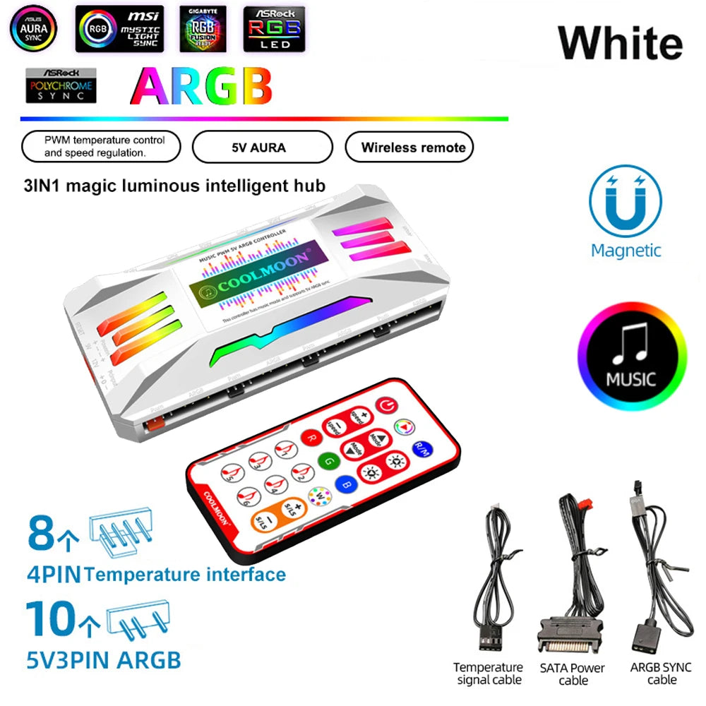 COOLMOON 5V/3Pin ARGB 4Pin Fan PWM HUB 1To8 Music Rhythm Temperature Controller Aura Sync Cooling Fan Remote Control Chassis Hub