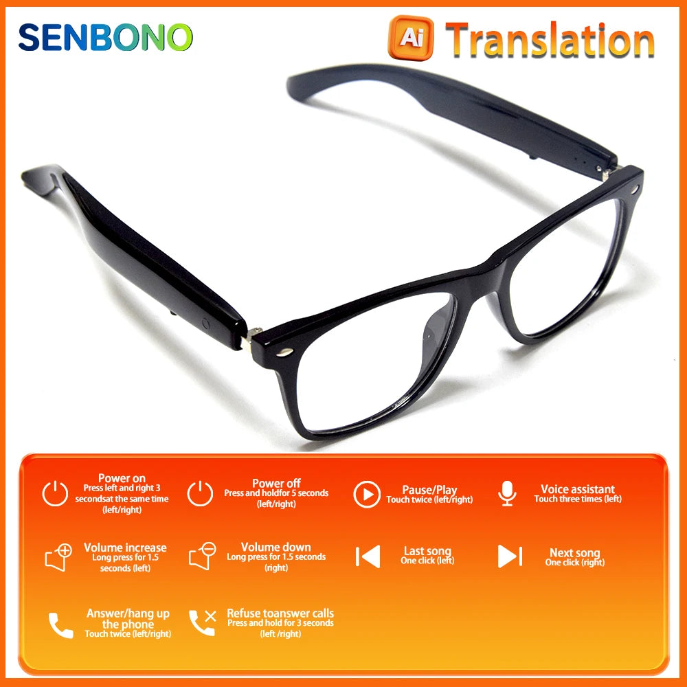SENBONO New Smart Glasses for Men Women Bluetooth Call AI Translation Music Control Volume Control Sunglasses Anti-blue Light