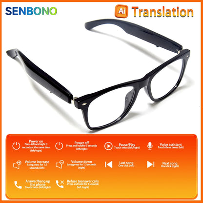 SENBONO New Smart Glasses for Men Women Bluetooth Call AI Translation Music Control Volume Control Sunglasses Anti-blue Light