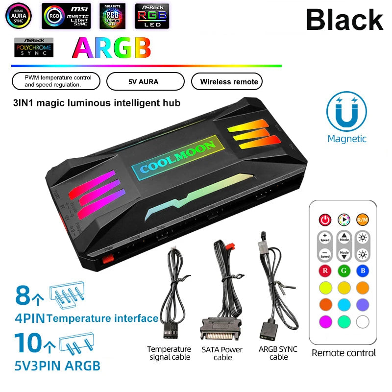 COOLMOON 5V/3Pin ARGB 4Pin Fan PWM HUB 1To8 Music Rhythm Temperature Controller Aura Sync Cooling Fan Remote Control Chassis Hub