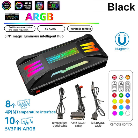 COOLMOON 5V/3Pin ARGB 4Pin Fan PWM HUB 1To8 Music Rhythm Temperature Controller Aura Sync Cooling Fan Remote Control Chassis Hub