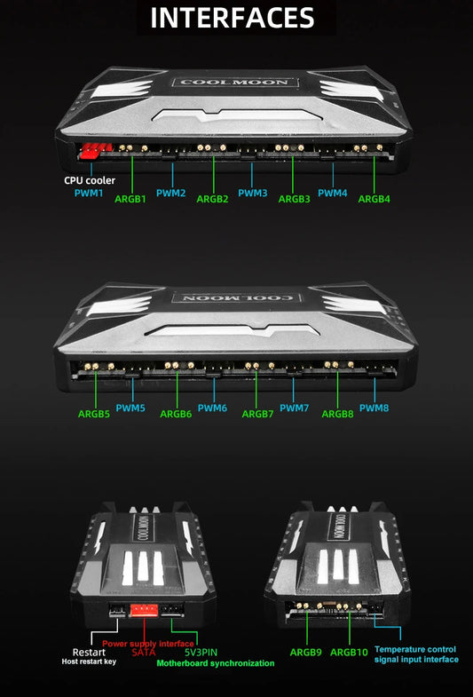 COOLMOON 5V/3Pin ARGB 4Pin Fan PWM HUB 1To8 Music Rhythm Temperature Controller Aura Sync Cooling Fan Remote Control Chassis Hub