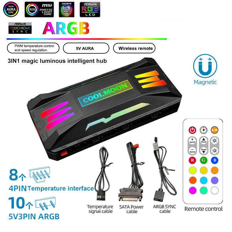 COOLMOON 5V/3Pin ARGB 4Pin Fan PWM HUB 1To8 Music Rhythm Temperature Controller Aura Sync Cooling Fan Remote Control Chassis Hub