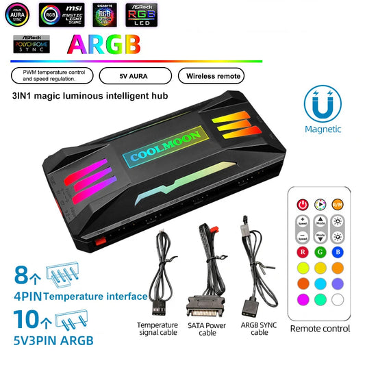 COOLMOON 5V/3Pin ARGB 4Pin Fan PWM HUB 1To8 Music Rhythm Temperature Controller Aura Sync Cooling Fan Remote Control Chassis Hub