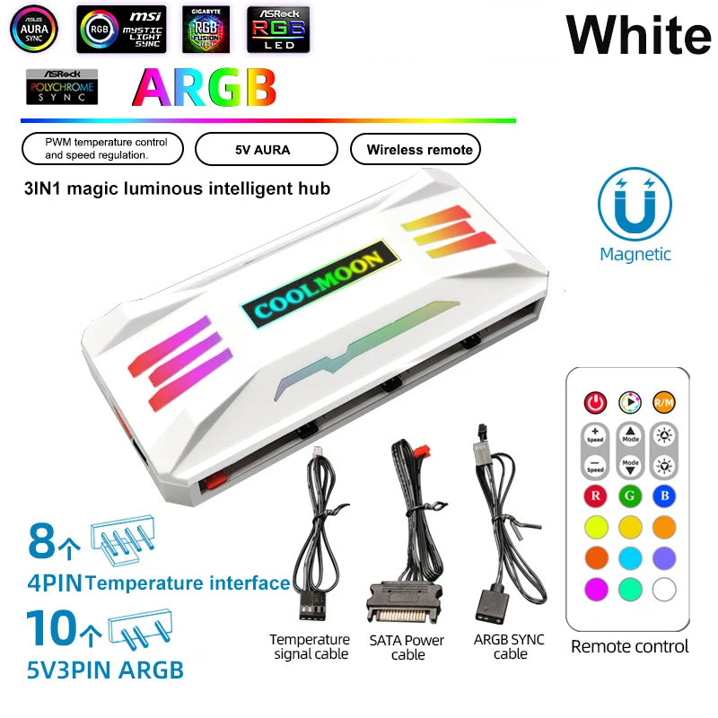 COOLMOON 5V/3Pin ARGB 4Pin Fan PWM HUB 1To8 Music Rhythm Temperature Controller Aura Sync Cooling Fan Remote Control Chassis Hub