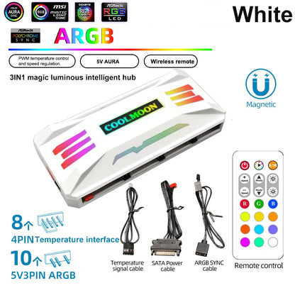 COOLMOON 5V/3Pin ARGB 4Pin Fan PWM HUB 1To8 Music Rhythm Temperature Controller Aura Sync Cooling Fan Remote Control Chassis Hub