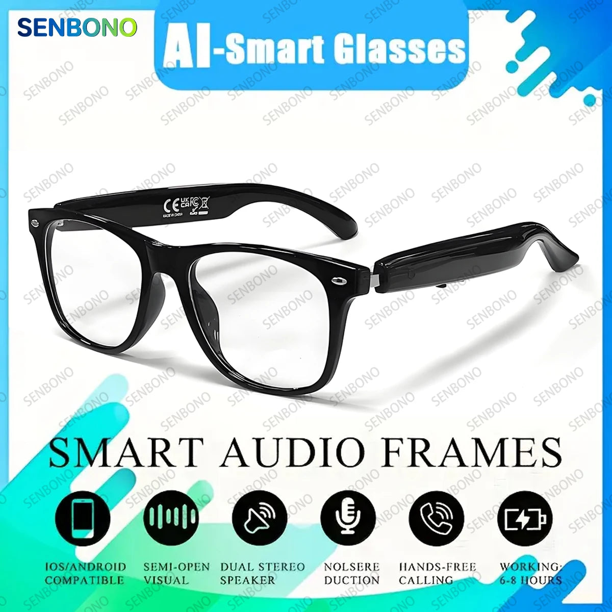SENBONO New Smart Glasses for Men Women Bluetooth Call AI Translation Music Control Volume Control Sunglasses Anti-blue Light