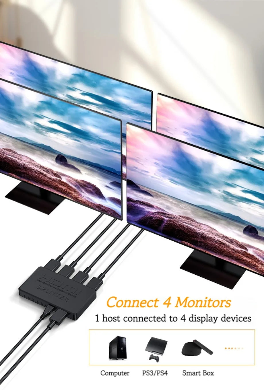 4K 2K HDMI Splitter 1 in 4 out 4x1 HDMI Switch HDMI-compatible Adapter HD 1080P Video Switcher For Xbox PS4 DVD HDTV PC Laptop