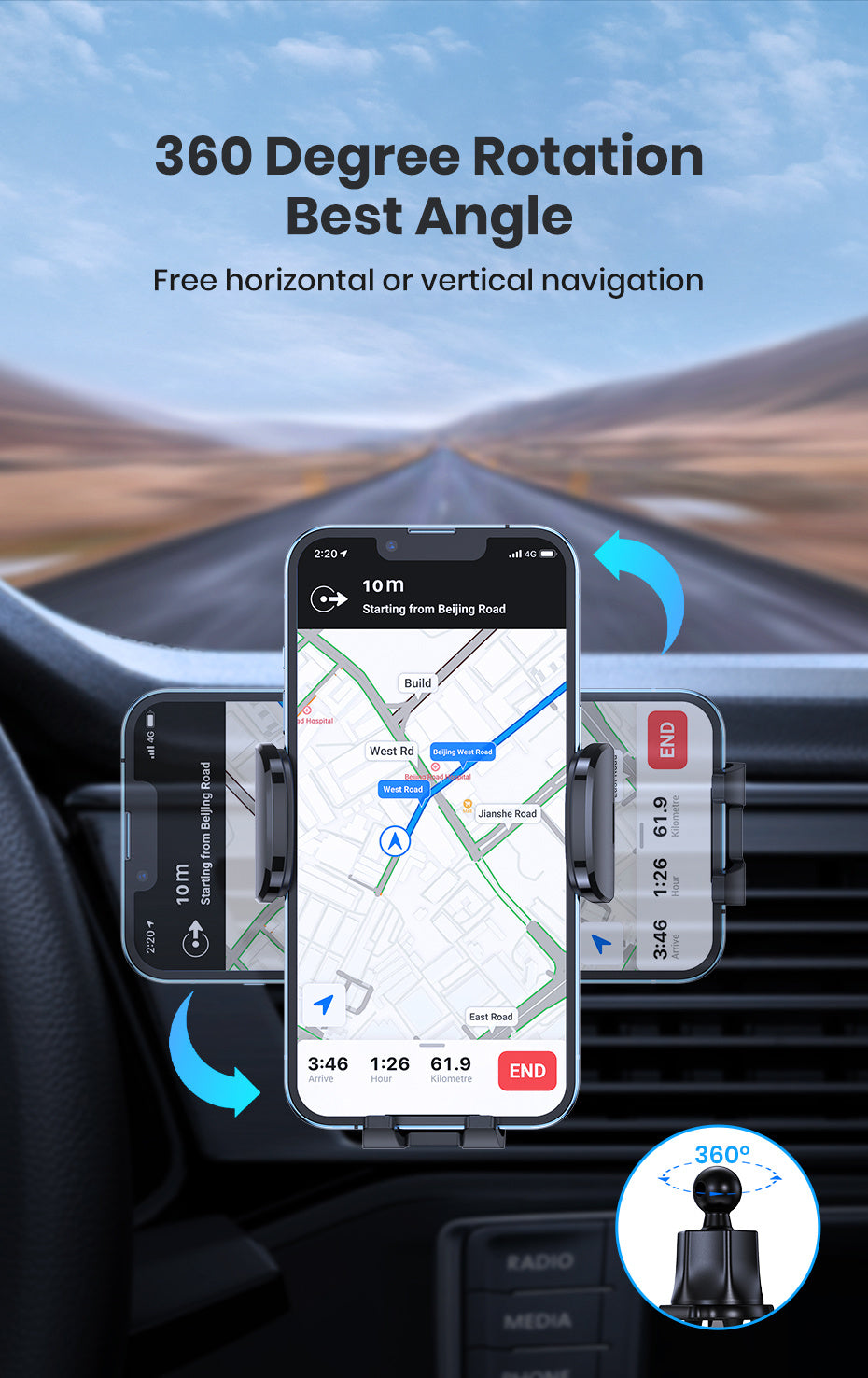 TOPK Car Phone Holder Mount, Car Mount with Hook Clip for Car Air Vent 360° Rotation Phone Mount Compatible with Iphone Android Cell Phone